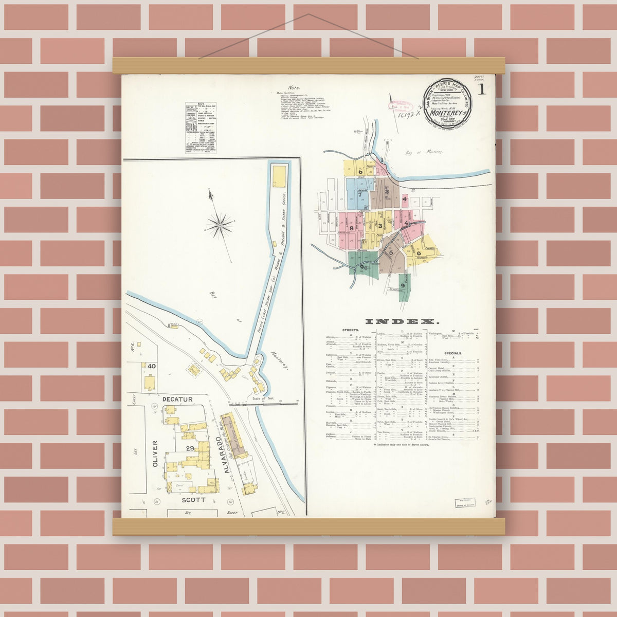 Old map wall art mockup — magnetic wood frame on brick wall — Sanborn Fire Insurance Map from Monterey, Monterey County, California (1892) - Complete Map Set