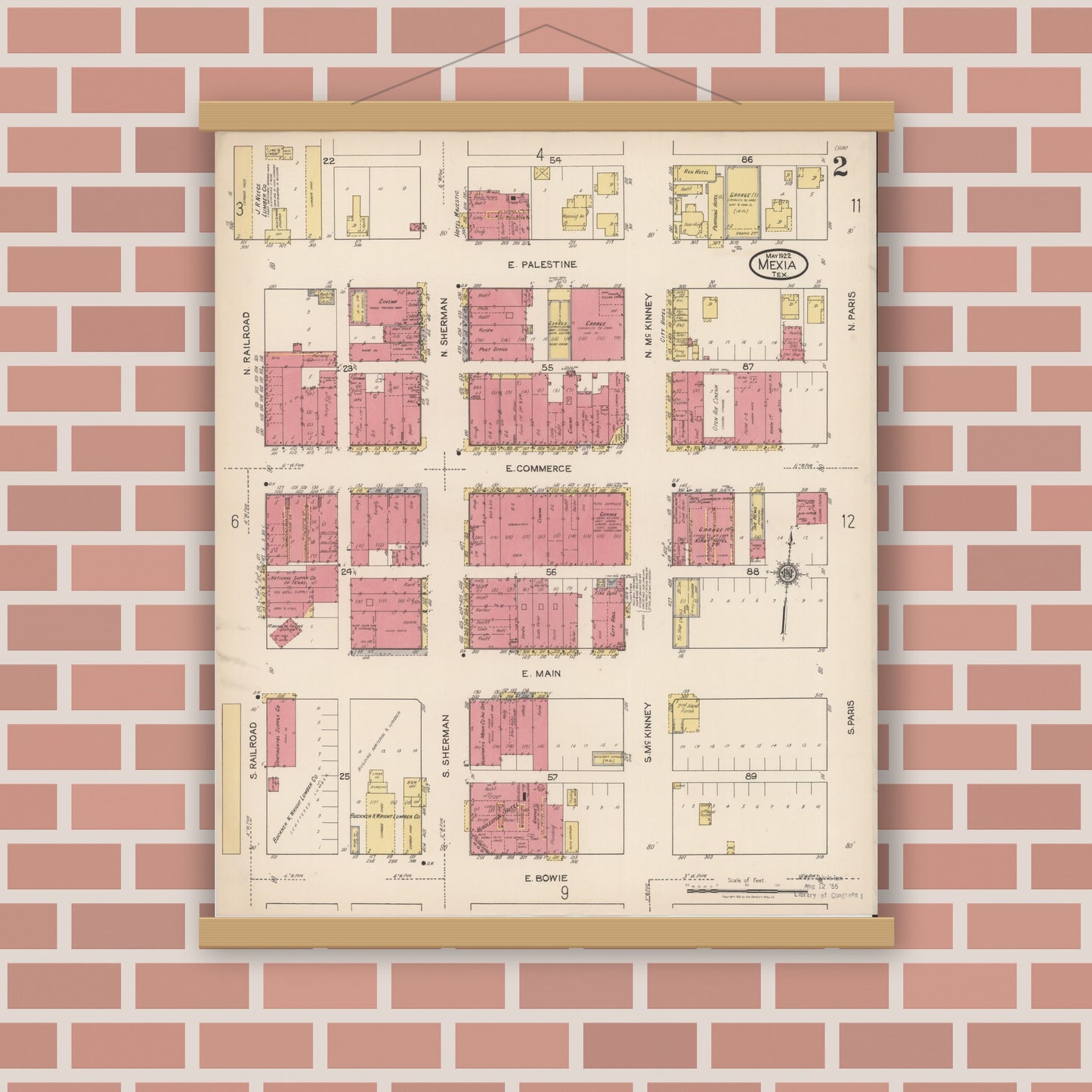 Old map wall art mockup — magnetic wood frame on brick wall — Sanborn Fire Insurance Map from Mexia, Limestone County, Texas (1922), Sheet #0002