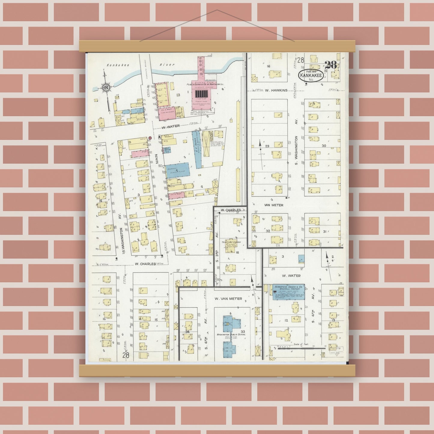 Old map wall art mockup — magnetic wood frame on brick wall — Sanborn Fire Insurance Map from Kankakee, Kankakee County, Illinois (1914), Sheet #0028