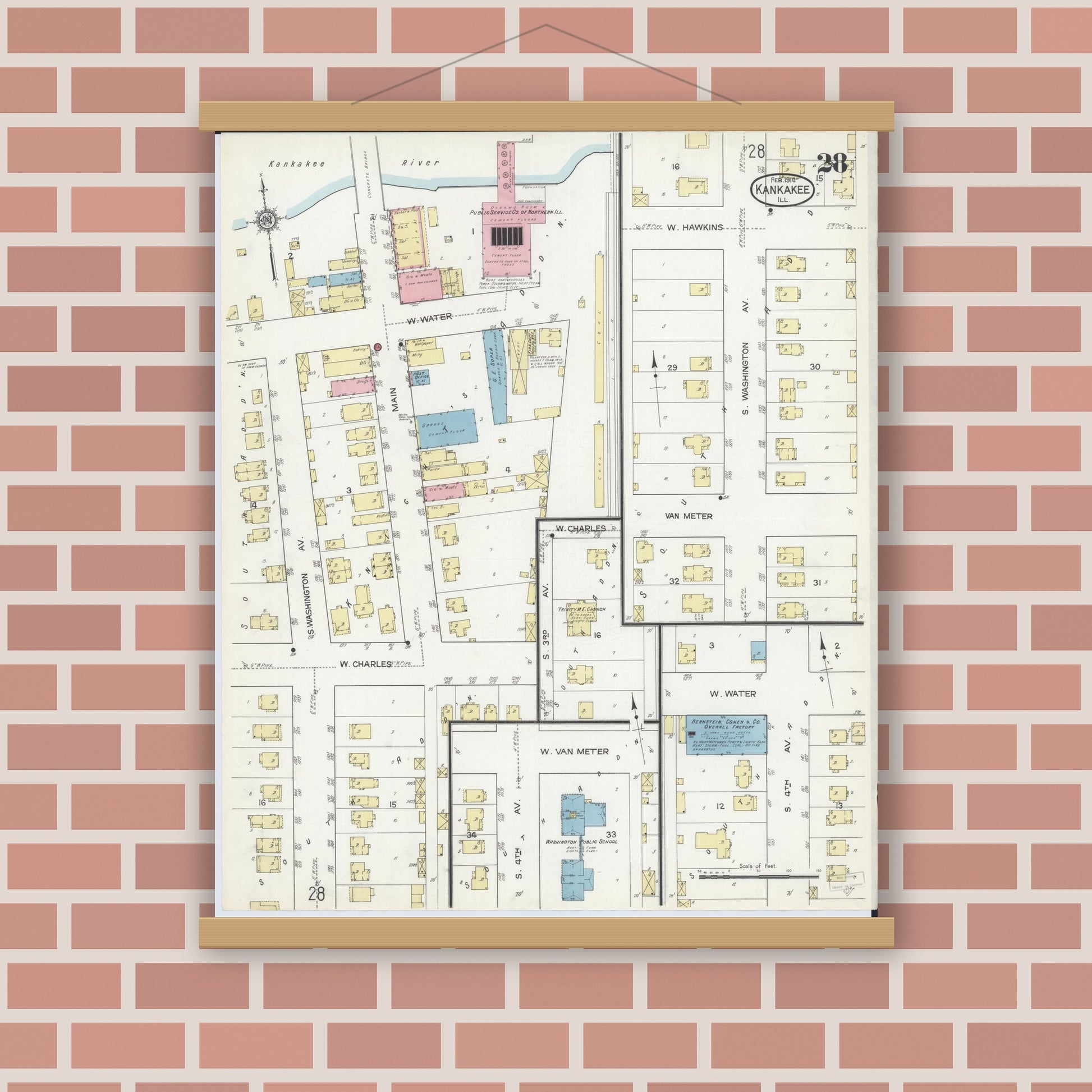 Old map wall art mockup — magnetic wood frame on brick wall — Sanborn Fire Insurance Map from Kankakee, Kankakee County, Illinois (1914), Sheet #0028