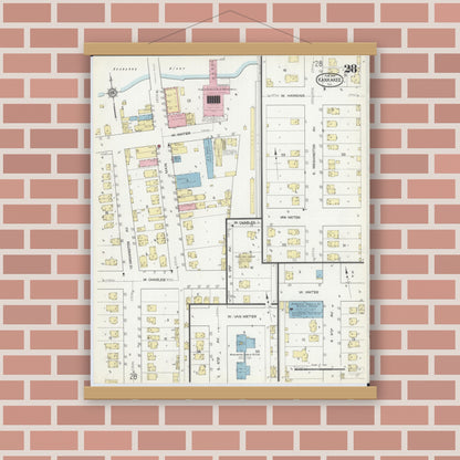 Old map wall art mockup — magnetic wood frame on brick wall — Sanborn Fire Insurance Map from Kankakee, Kankakee County, Illinois (1914), Sheet #0028