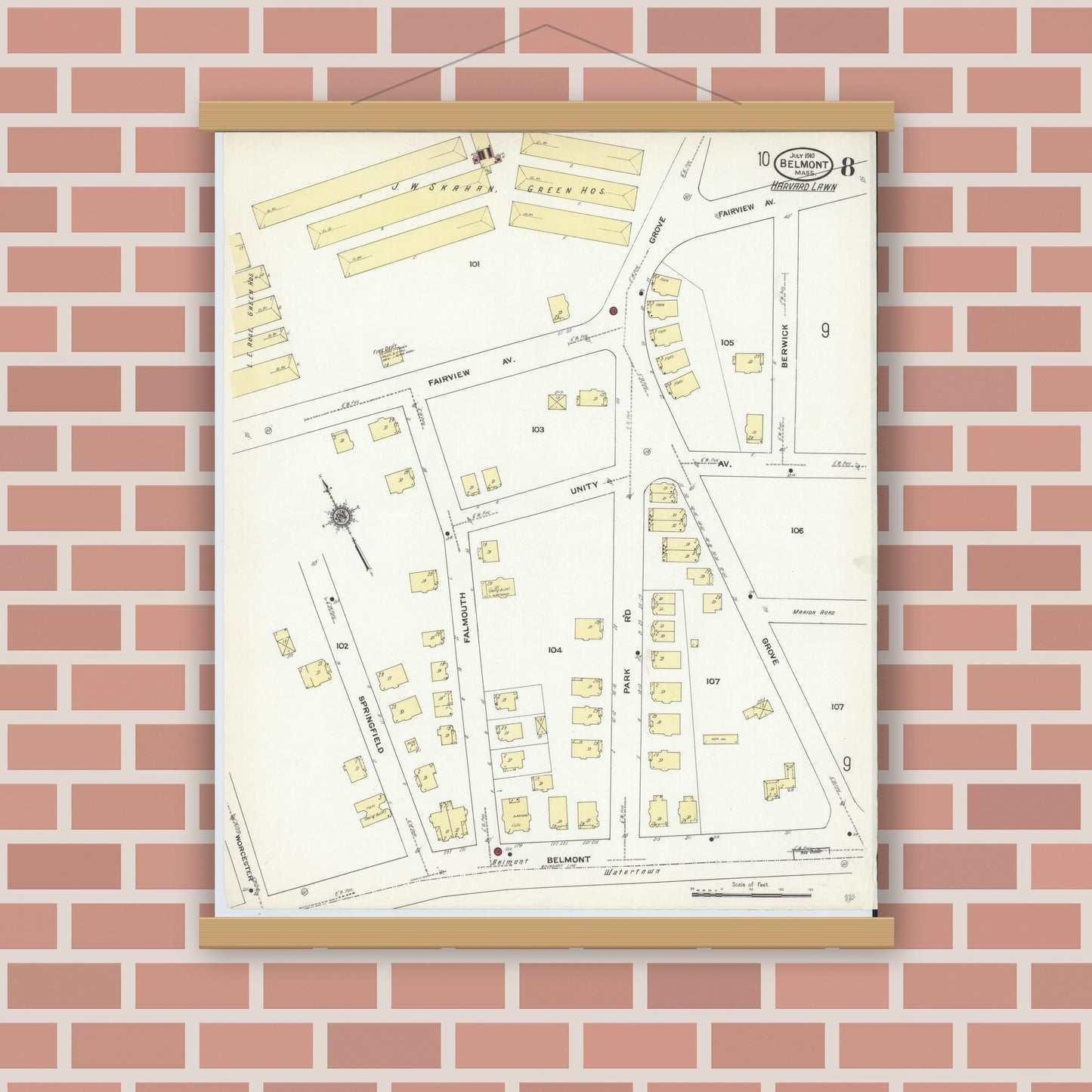 Old map wall art mockup — magnetic wood frame on brick wall — Sanborn Fire Insurance Map from Belmont, Middlesex County, Massachusetts (1910), Sheet #0008