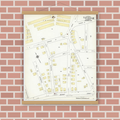 Old map wall art mockup — magnetic wood frame on brick wall — Sanborn Fire Insurance Map from Belmont, Middlesex County, Massachusetts (1910), Sheet #0008