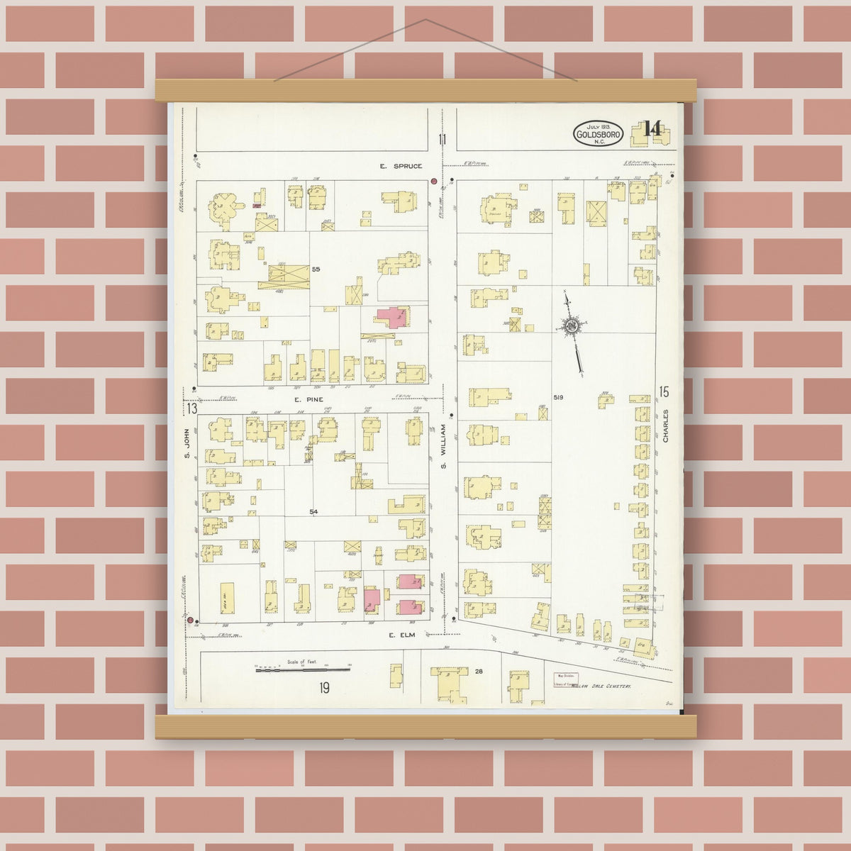 Old map wall art mockup — magnetic wood frame on brick wall — Sanborn Fire Insurance Map from Goldsboro, Wayne County, North Carolina (1913), Sheet #0014