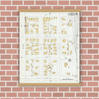 Old map wall art mockup — magnetic wood frame on brick wall — Sanborn Fire Insurance Map from Corsicana, Navarro County, Texas (1900), Sheet #0011