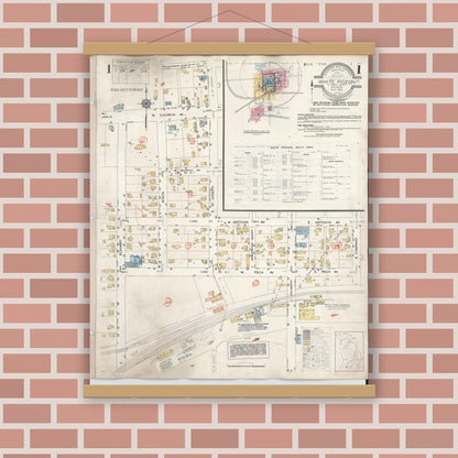 Old map wall art mockup — magnetic wood frame on brick wall — Sanborn Fire Insurance Map from White Pigeon, Saint Joseph County, Michigan (1954), Sheet #0001