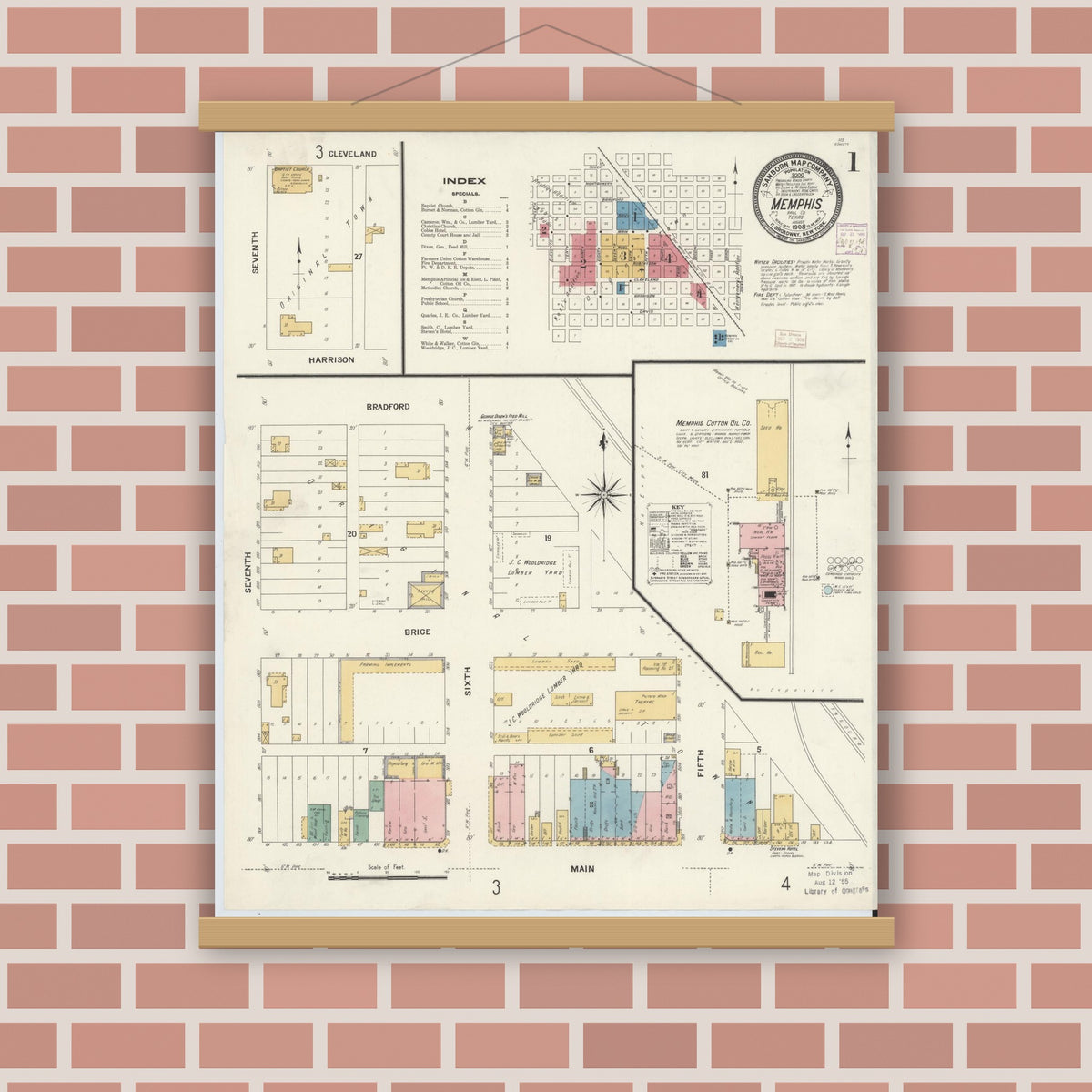 Old map wall art mockup — magnetic wood frame on brick wall — Sanborn Fire Insurance Map from Memphis, Hall County, Texas (1908) - Complete Map Set