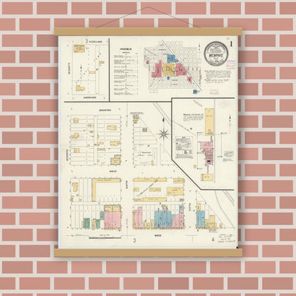 Old map wall art mockup — magnetic wood frame on brick wall — Sanborn Fire Insurance Map from Memphis, Hall County, Texas (1908) - Complete Map Set
