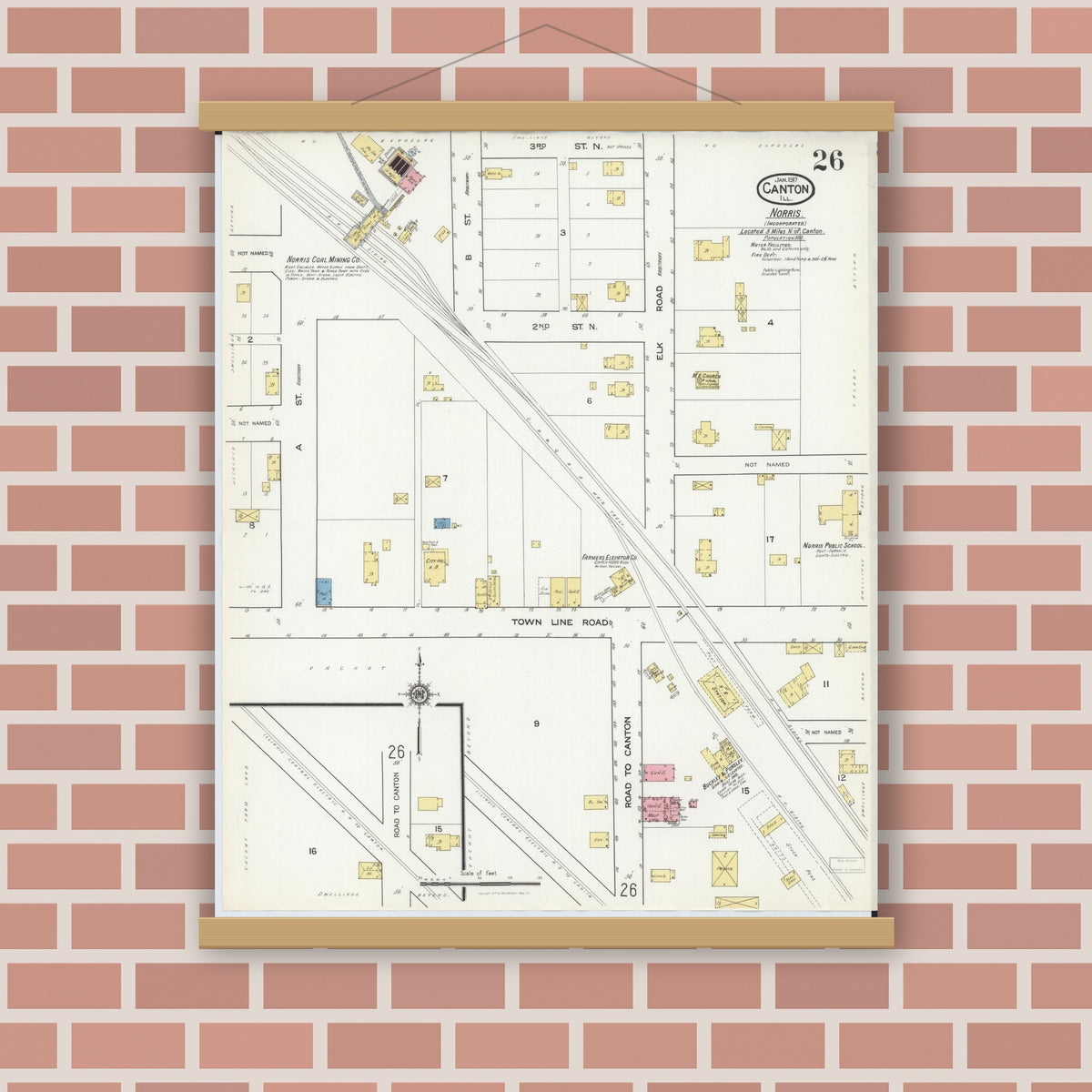 Old map wall art mockup — magnetic wood frame on brick wall — Sanborn Fire Insurance Map from Canton, Fulton County, Illinois (1917), Sheet #0026