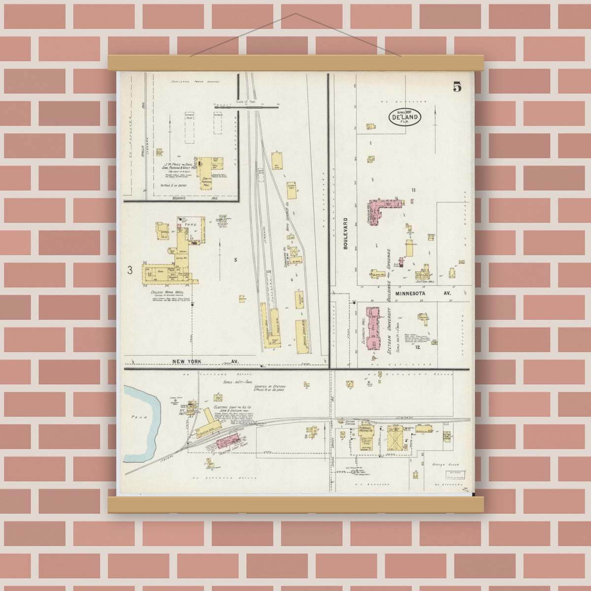 Old map wall art mockup — magnetic wood frame on brick wall — Sanborn Fire Insurance Map from De Land, Volusia County, Florida (1897), Sheet #0005