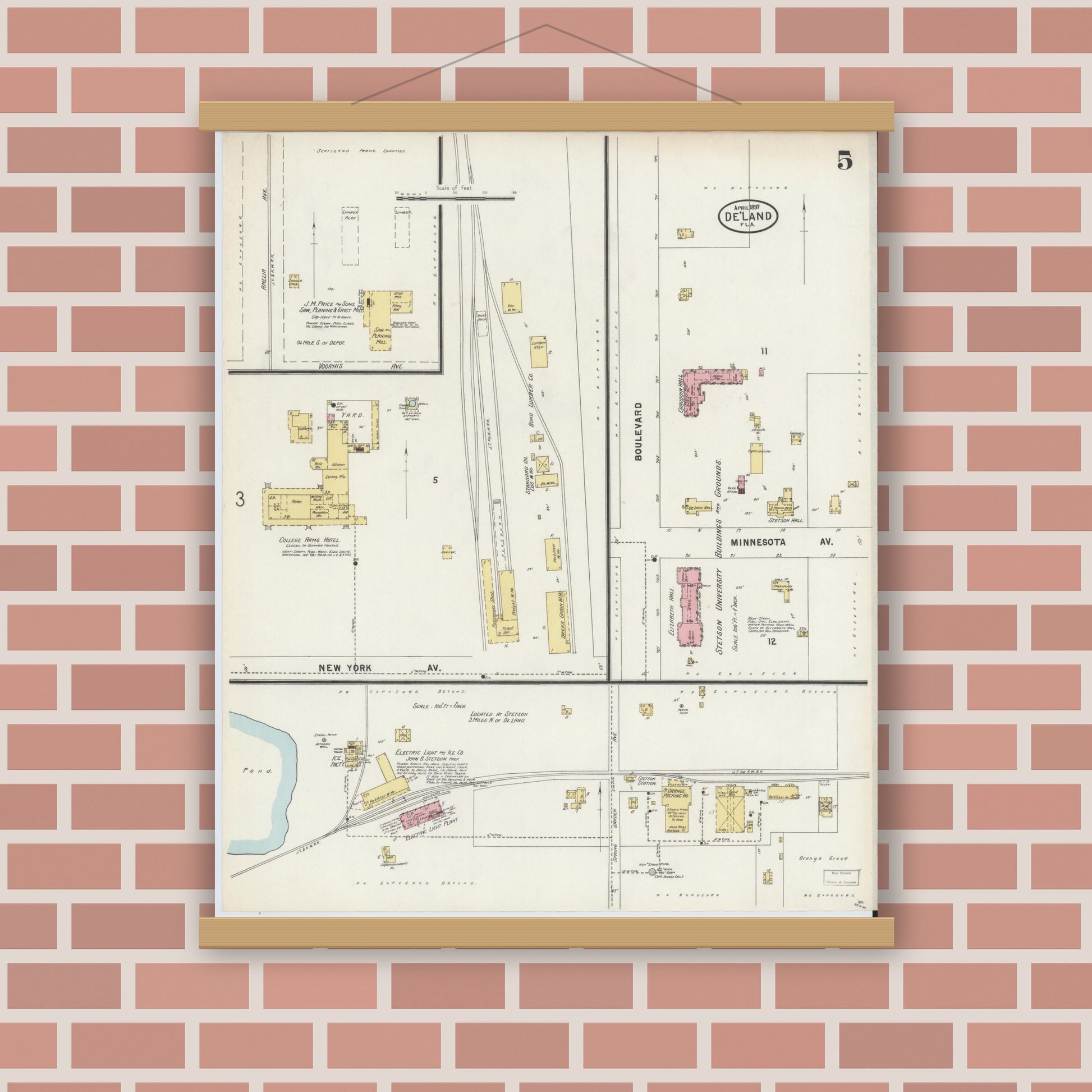 Old map wall art mockup — magnetic wood frame on brick wall — Sanborn Fire Insurance Map from De Land, Volusia County, Florida (1897), Sheet #0005