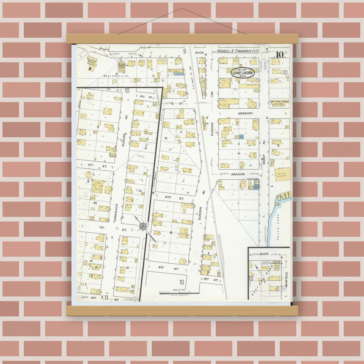 Old map wall art mockup — magnetic wood frame on brick wall — Sanborn Fire Insurance Map from Lake Linden, Houghton County, Michigan (1917), Sheet #0010