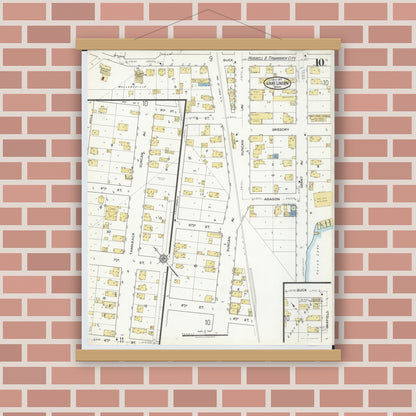Old map wall art mockup — magnetic wood frame on brick wall — Sanborn Fire Insurance Map from Lake Linden, Houghton County, Michigan (1917), Sheet #0010