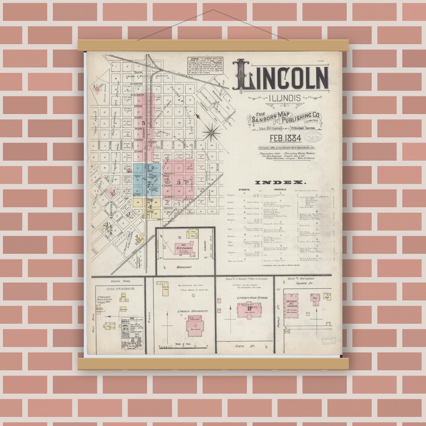 Old map wall art mockup — magnetic wood frame on brick wall — Sanborn Fire Insurance Map from Lincoln, Logan County, Illinois (1884), Sheet #0001