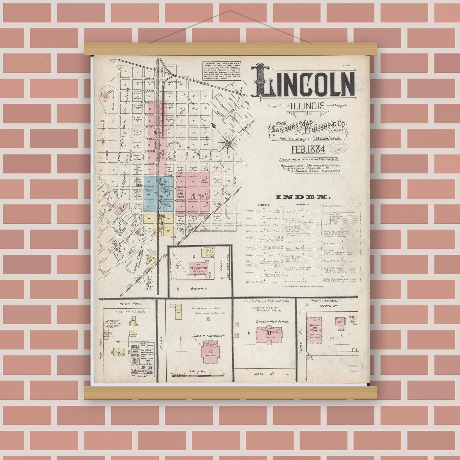 Old map wall art mockup — magnetic wood frame on brick wall — Sanborn Fire Insurance Map from Lincoln, Logan County, Illinois (1884), Sheet #0001