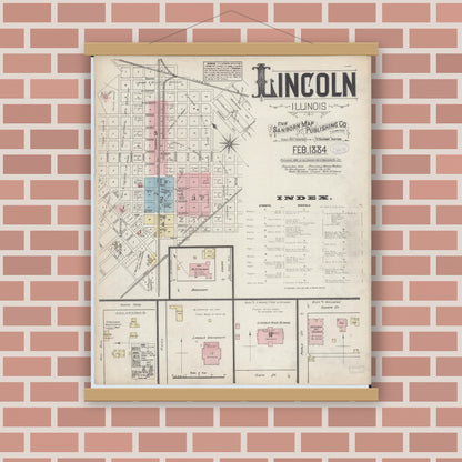Old map wall art mockup — magnetic wood frame on brick wall — Sanborn Fire Insurance Map from Lincoln, Logan County, Illinois (1884), Sheet #0001