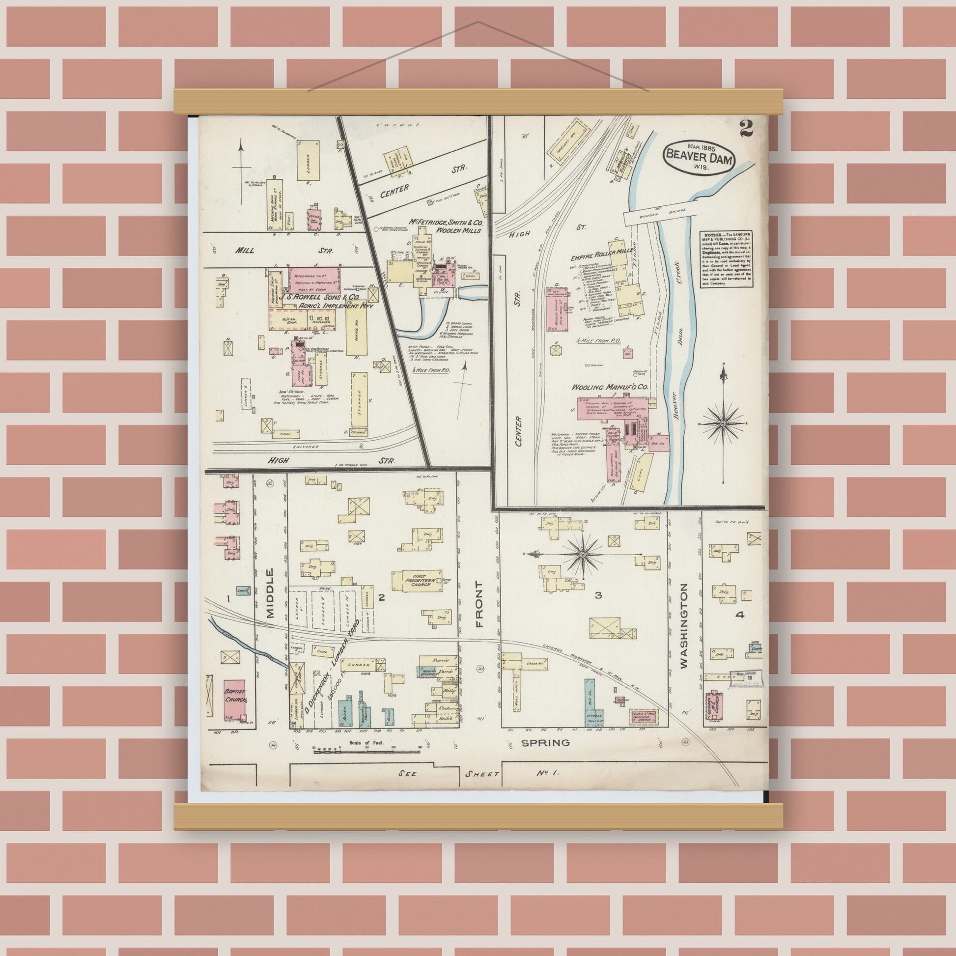 Old map wall art mockup — magnetic wood frame on brick wall — Sanborn Fire Insurance Map from Beaver Dam, Dodge County, Wisconsin (1885) - Complete Map Set