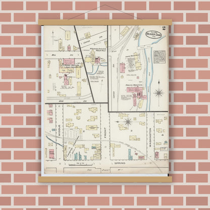 Old map wall art mockup — magnetic wood frame on brick wall — Sanborn Fire Insurance Map from Beaver Dam, Dodge County, Wisconsin (1885) - Complete Map Set