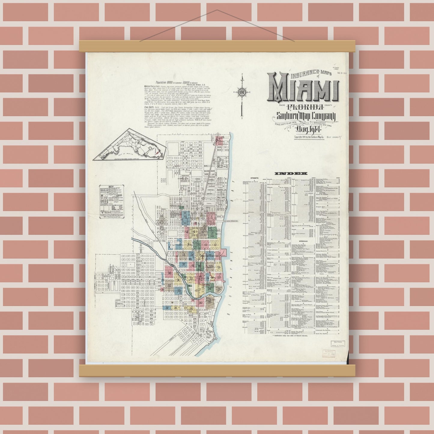 Old map wall art mockup — magnetic wood frame on brick wall — Sanborn Fire Insurance Map from Miami, Dade County, Florida (1914) - Complete Map Set