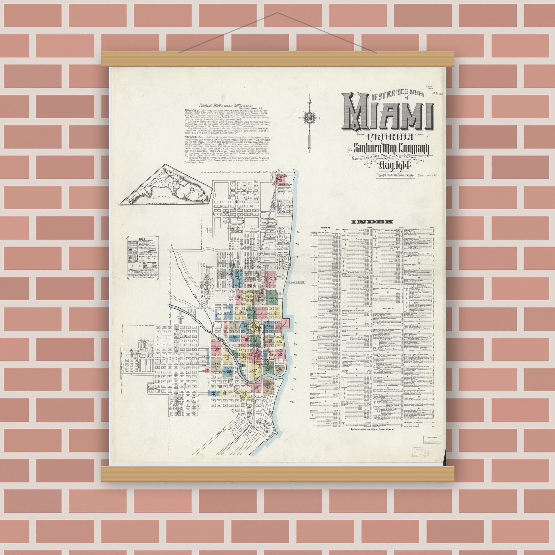 Old map wall art mockup — magnetic wood frame on brick wall — Sanborn Fire Insurance Map from Miami, Dade County, Florida (1914) - Complete Map Set