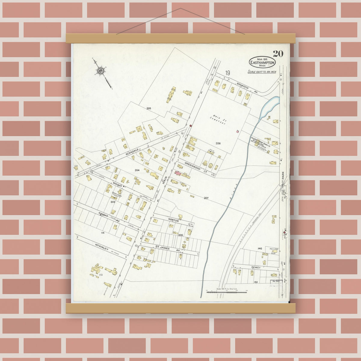 Old map wall art mockup — magnetic wood frame on brick wall — Sanborn Fire Insurance Map from East Hampton, Hampshire County, Massachusetts (1916), Sheet #0020