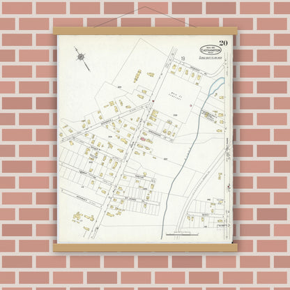 Old map wall art mockup — magnetic wood frame on brick wall — Sanborn Fire Insurance Map from East Hampton, Hampshire County, Massachusetts (1916), Sheet #0020