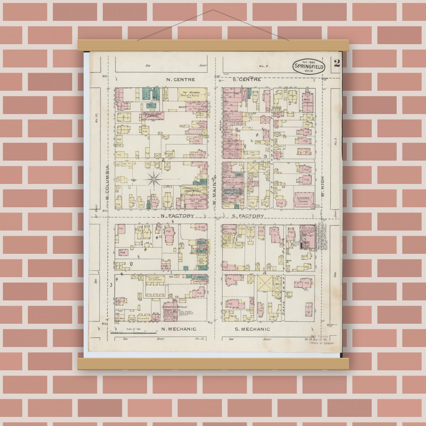Old map wall art mockup — magnetic wood frame on brick wall — Sanborn Fire Insurance Map from Springfield, Clark County, Ohio (1886), Sheet #0002