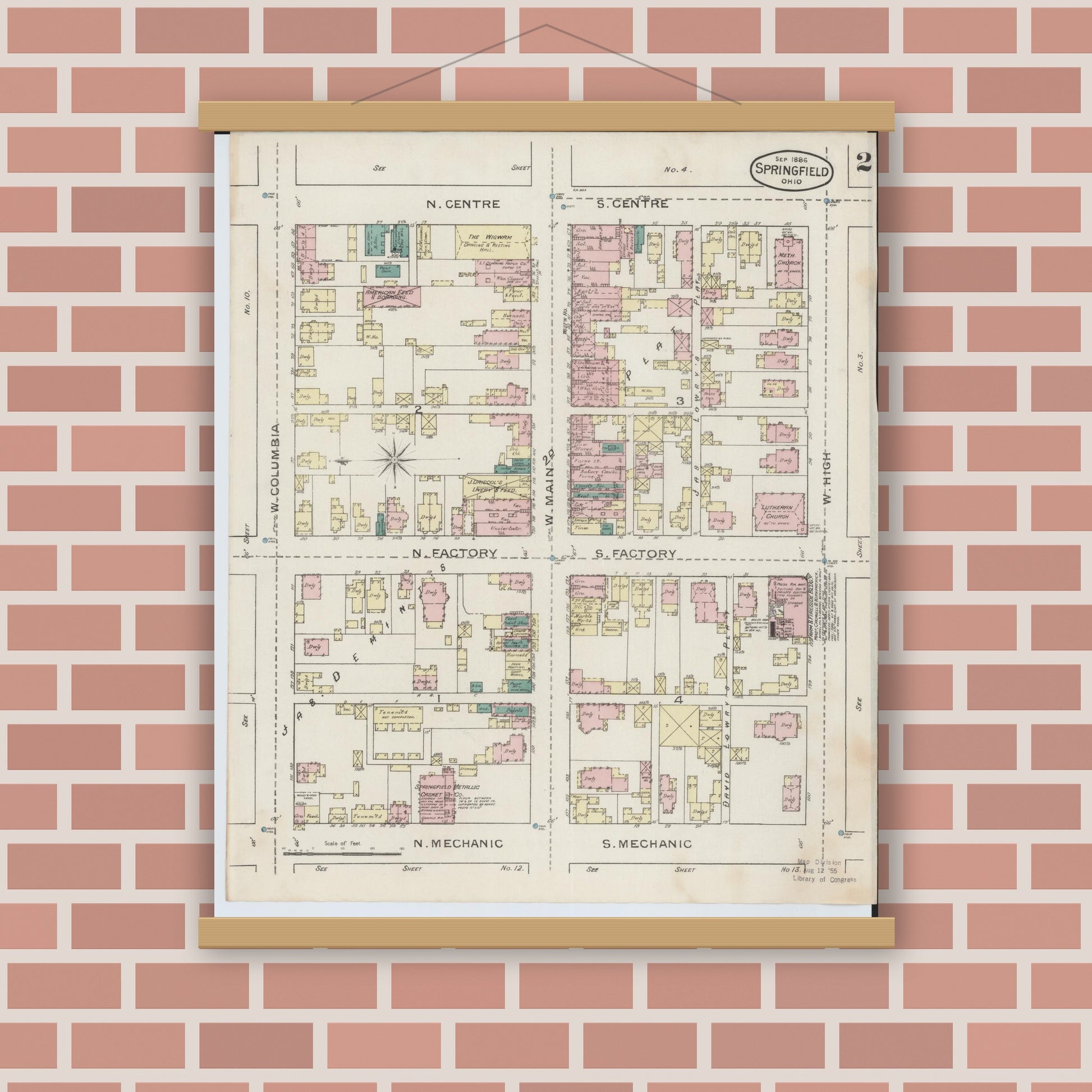 Old map wall art mockup — magnetic wood frame on brick wall — Sanborn Fire Insurance Map from Springfield, Clark County, Ohio (1886), Sheet #0002