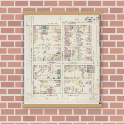 Old map wall art mockup — magnetic wood frame on brick wall — Sanborn Fire Insurance Map from Springfield, Clark County, Ohio (1886), Sheet #0002