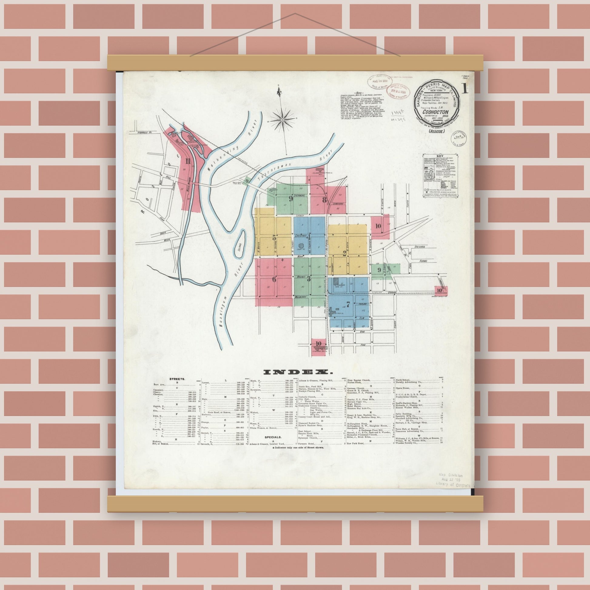 Old map wall art mockup — magnetic wood frame on brick wall — Sanborn Fire Insurance Map from Coshocton, Coshocton County, Ohio (1899) - Complete Map Set