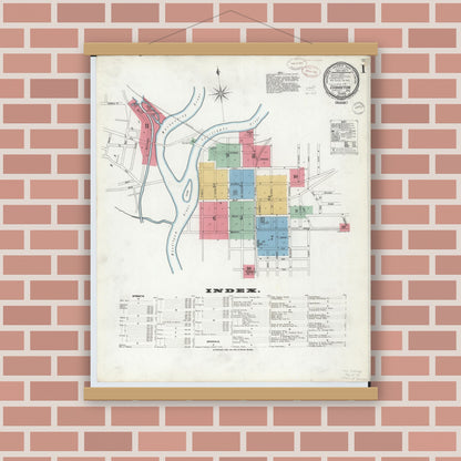 Old map wall art mockup — magnetic wood frame on brick wall — Sanborn Fire Insurance Map from Coshocton, Coshocton County, Ohio (1899) - Complete Map Set