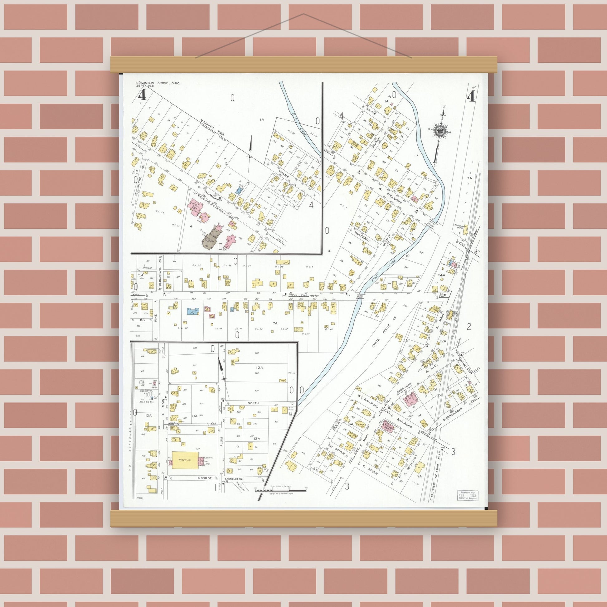 Old map wall art mockup — magnetic wood frame on brick wall — Sanborn Fire Insurance Map from Columbus Grove, Putnam County, Ohio (1951), Sheet #0004