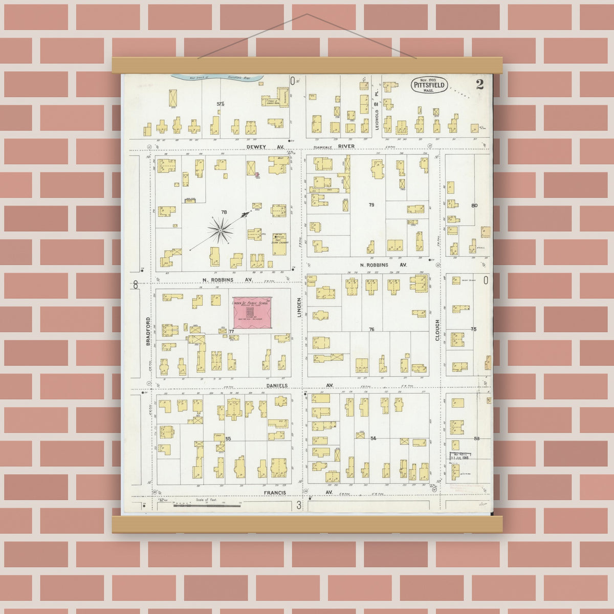Old map wall art mockup — magnetic wood frame on brick wall — Sanborn Fire Insurance Map from Pittsfield, Berkshire County, Massachusetts (1900), Sheet #0002