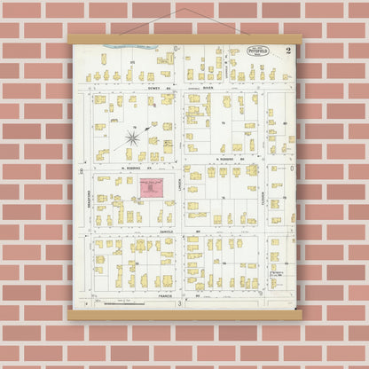 Old map wall art mockup — magnetic wood frame on brick wall — Sanborn Fire Insurance Map from Pittsfield, Berkshire County, Massachusetts (1900), Sheet #0002