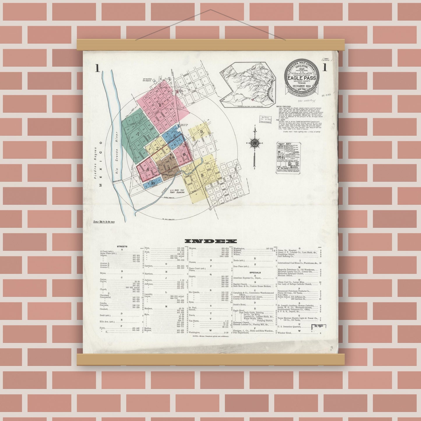 Old map wall art mockup — magnetic wood frame on brick wall — Sanborn Fire Insurance Map from Eagle Pass, Maverick County, Texas (1924), Sheet #0001