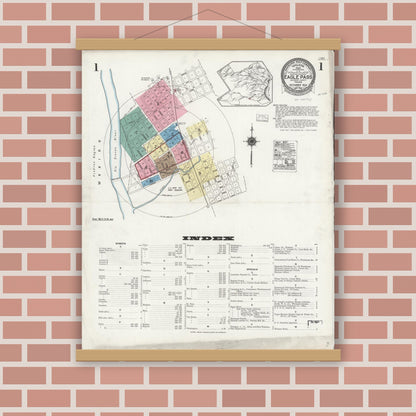 Old map wall art mockup — magnetic wood frame on brick wall — Sanborn Fire Insurance Map from Eagle Pass, Maverick County, Texas (1924), Sheet #0001
