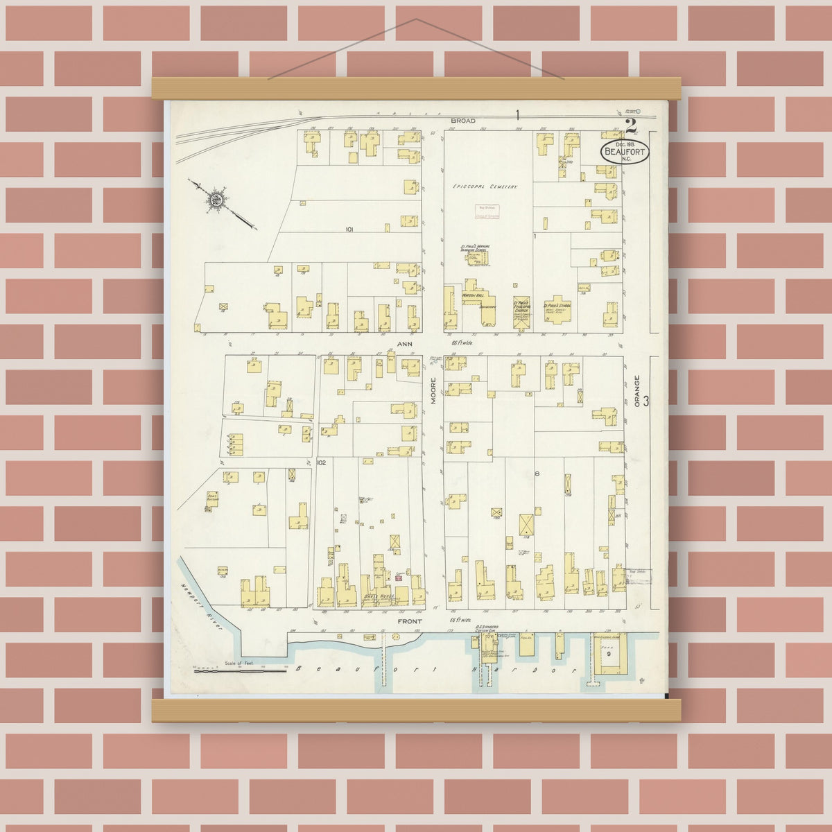 Old map wall art mockup — magnetic wood frame on brick wall — Sanborn Fire Insurance Map from Beaufort, Carteret County, North Carolina (1913), Sheet #0002