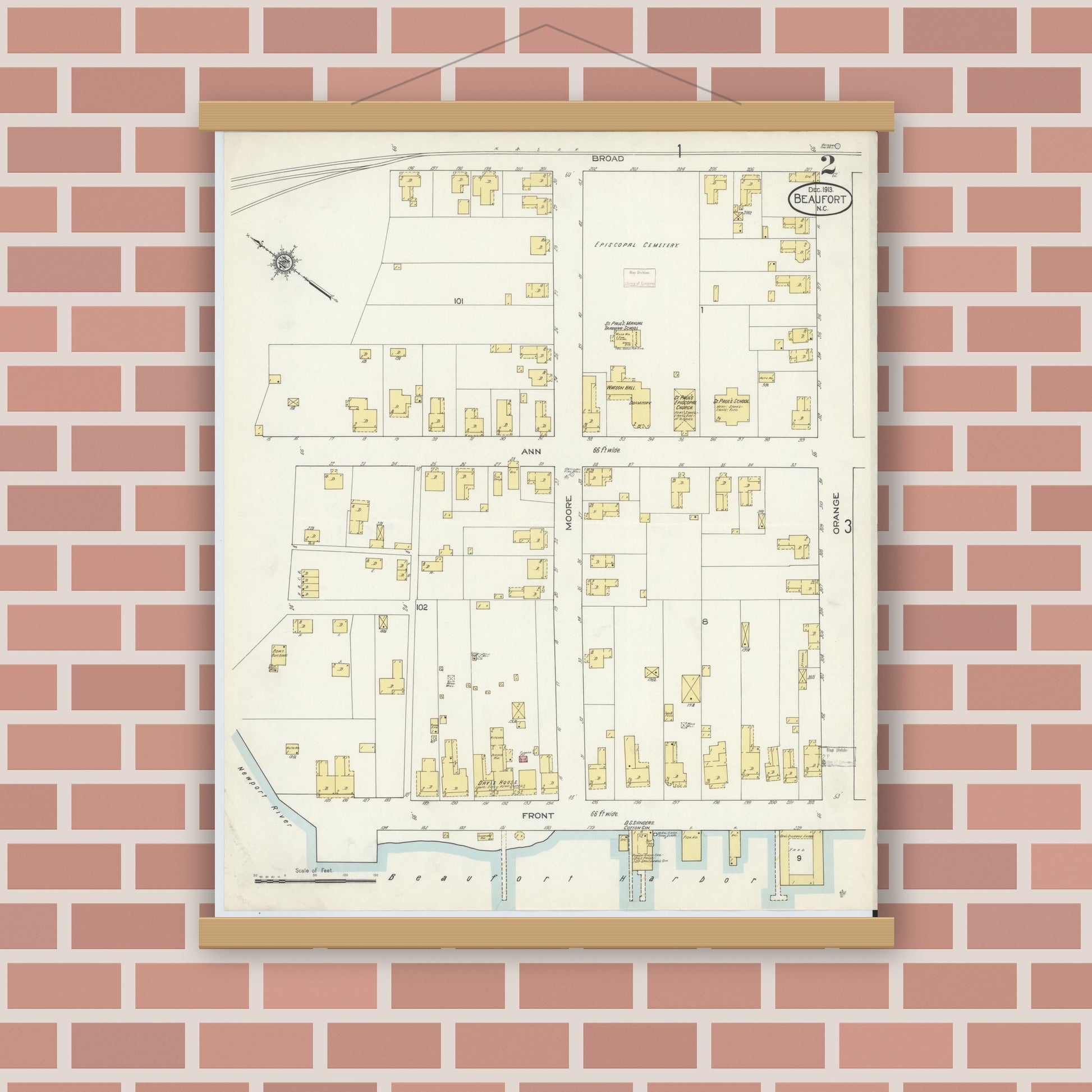 Old map wall art mockup — magnetic wood frame on brick wall — Sanborn Fire Insurance Map from Beaufort, Carteret County, North Carolina (1913), Sheet #0002