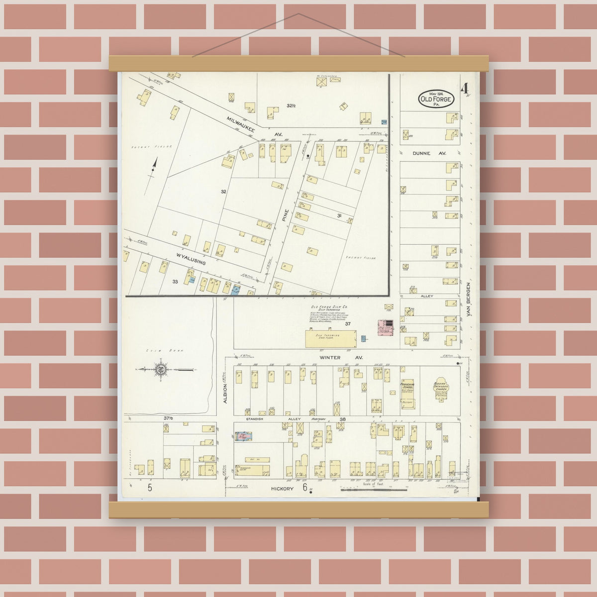 Old map wall art mockup — magnetic wood frame on brick wall — Sanborn Fire Insurance Map from Old Forge, Lackawanna County, Pennsylvania (1914), Sheet #0004