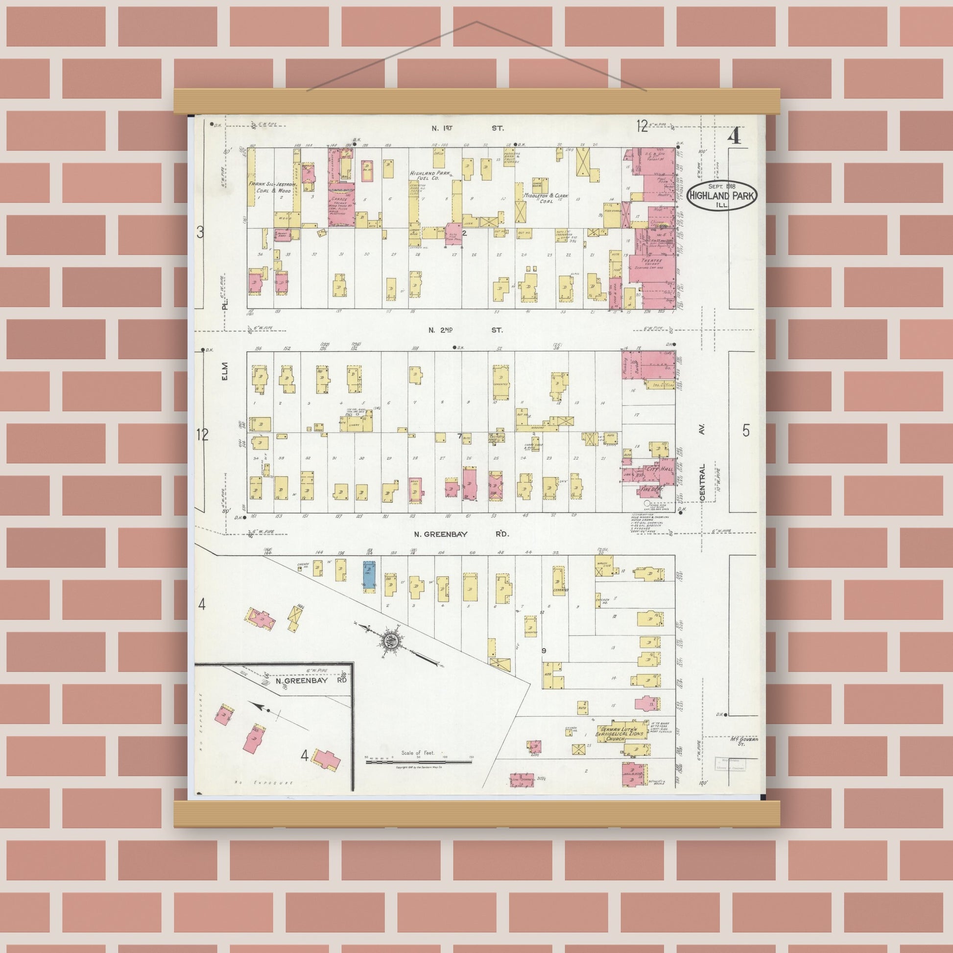 Old map wall art mockup — magnetic wood frame on brick wall — Sanborn Fire Insurance Map from Highland Park, Lake County, Illinois (1918), Sheet #0004