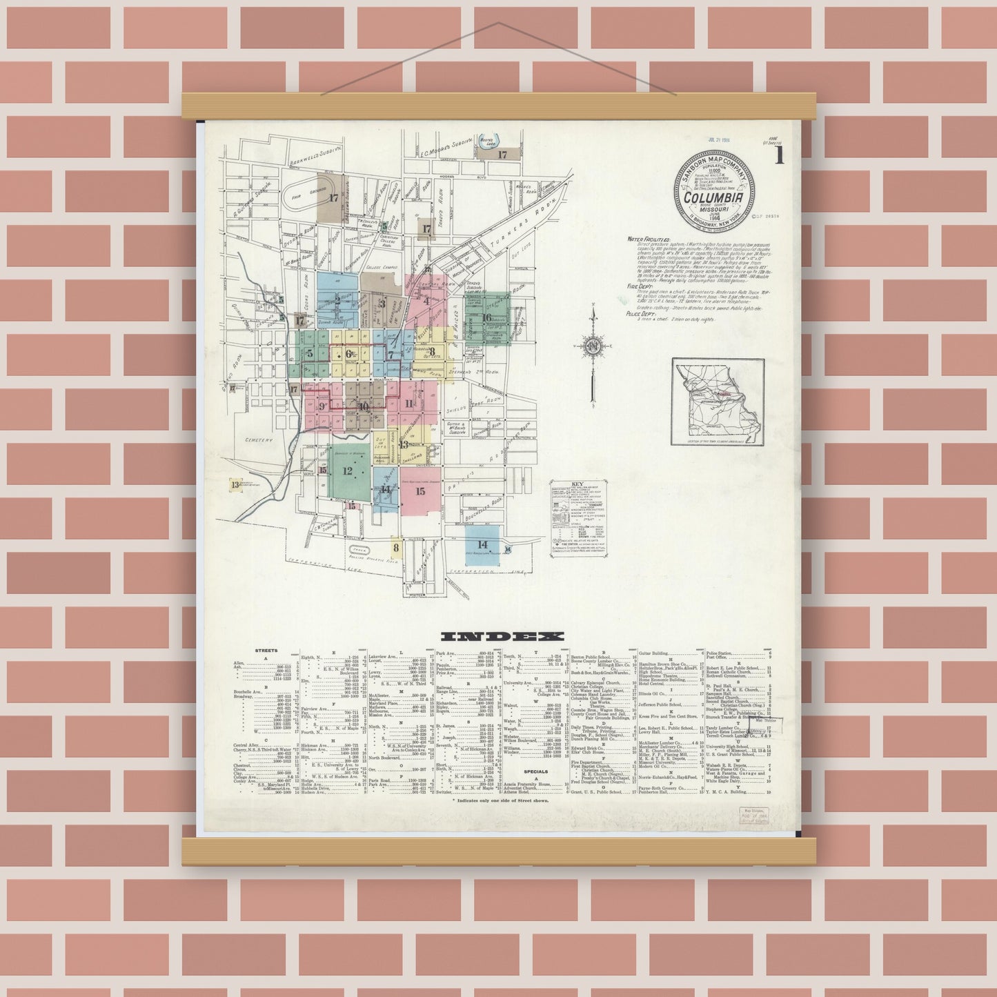 Old map wall art mockup — magnetic wood frame on brick wall — Sanborn Fire Insurance Map from Columbia, Boone County, Missouri (1914) - Complete Map Set