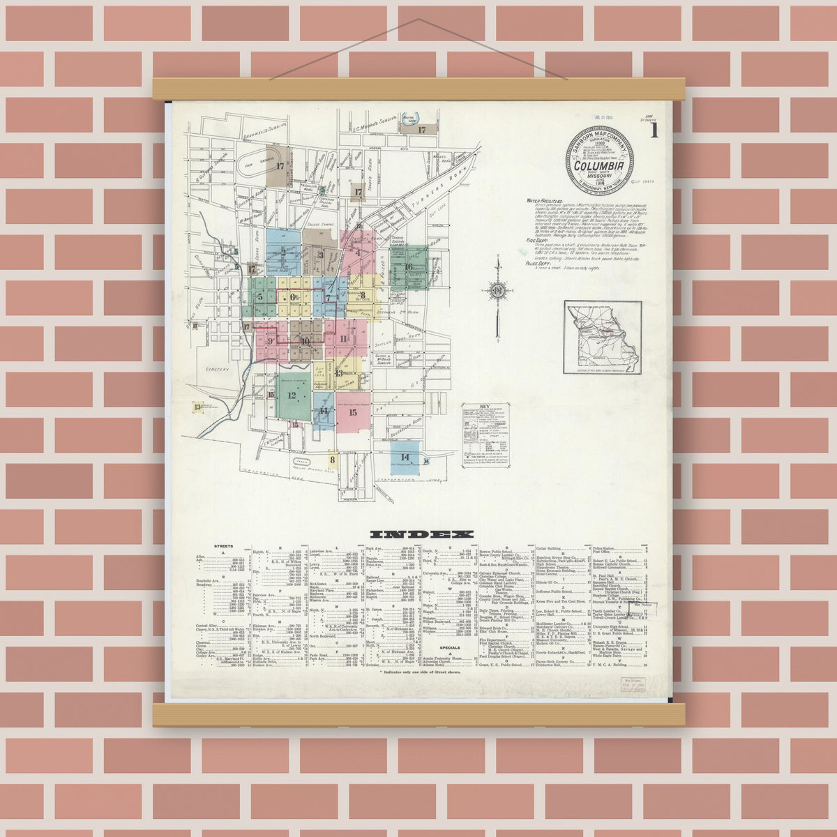 Old map wall art mockup — magnetic wood frame on brick wall — Sanborn Fire Insurance Map from Columbia, Boone County, Missouri (1914) - Complete Map Set