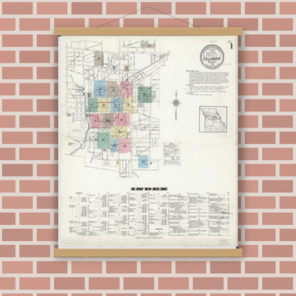 Old map wall art mockup — magnetic wood frame on brick wall — Sanborn Fire Insurance Map from Columbia, Boone County, Missouri (1914) - Complete Map Set