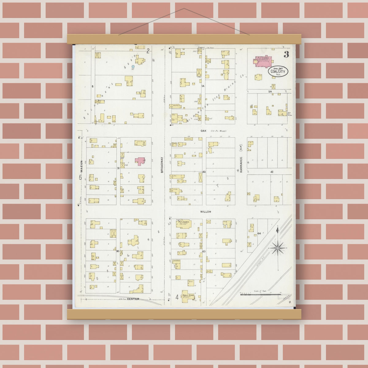 Old map wall art mockup — magnetic wood frame on brick wall — Sanborn Fire Insurance Map from Coal City, Grundy County, Illinois (1907), Sheet #0003
