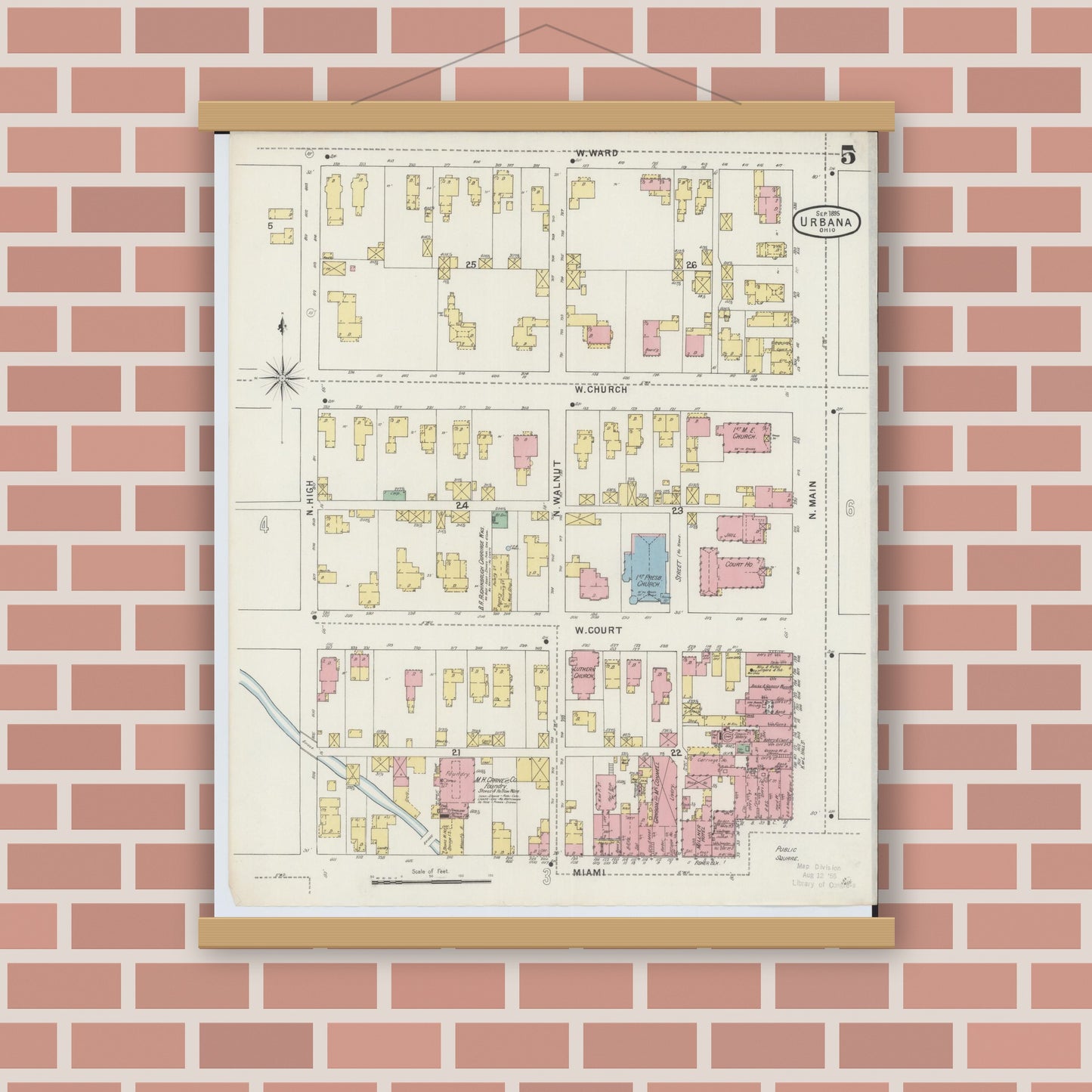 Old map wall art mockup — magnetic wood frame on brick wall — Sanborn Fire Insurance Map from Urbana, Champaign County, Ohio (1895), Sheet #0005