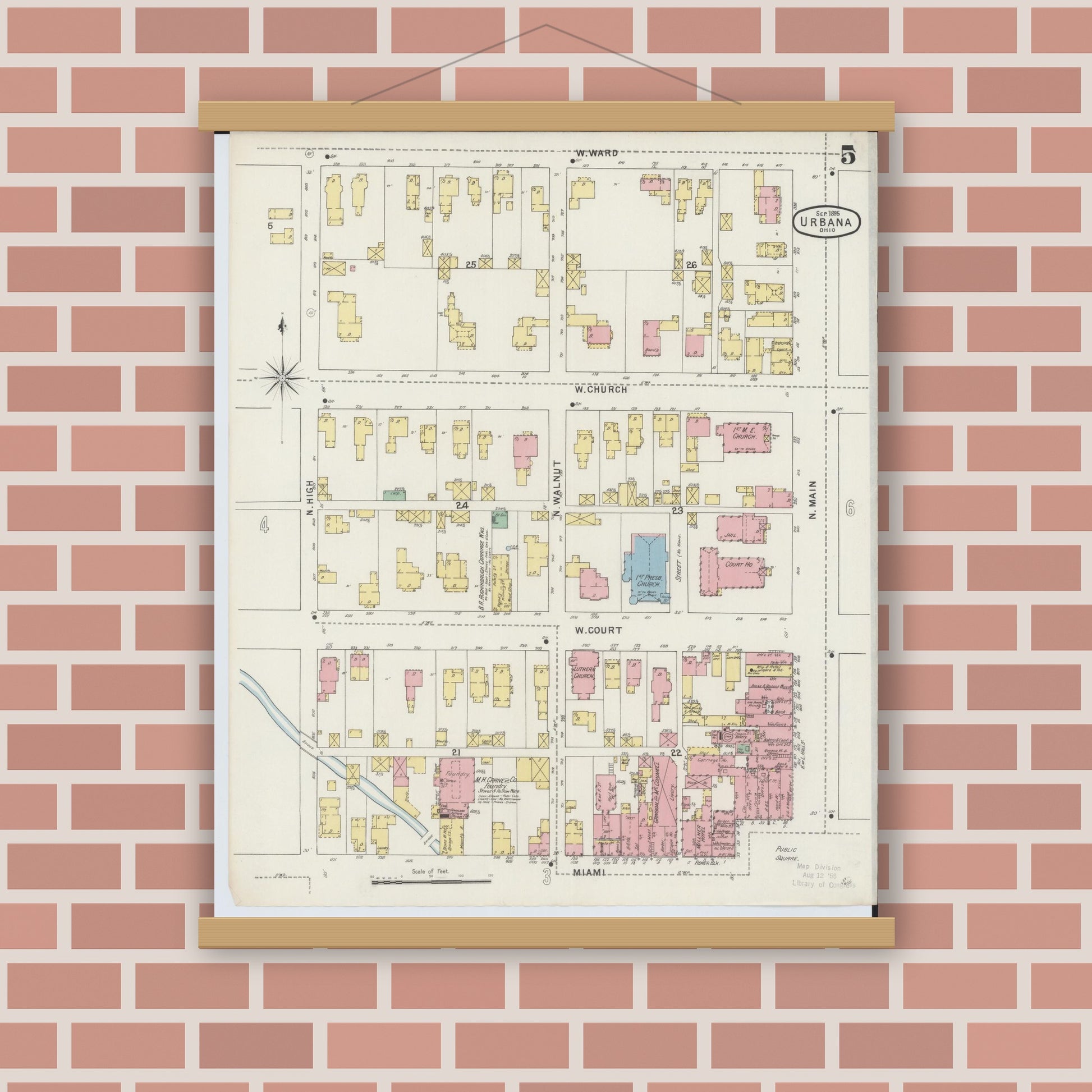 Old map wall art mockup — magnetic wood frame on brick wall — Sanborn Fire Insurance Map from Urbana, Champaign County, Ohio (1895), Sheet #0005
