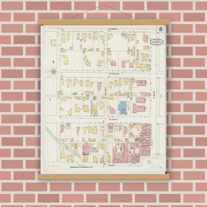 Old map wall art mockup — magnetic wood frame on brick wall — Sanborn Fire Insurance Map from Urbana, Champaign County, Ohio (1895), Sheet #0005