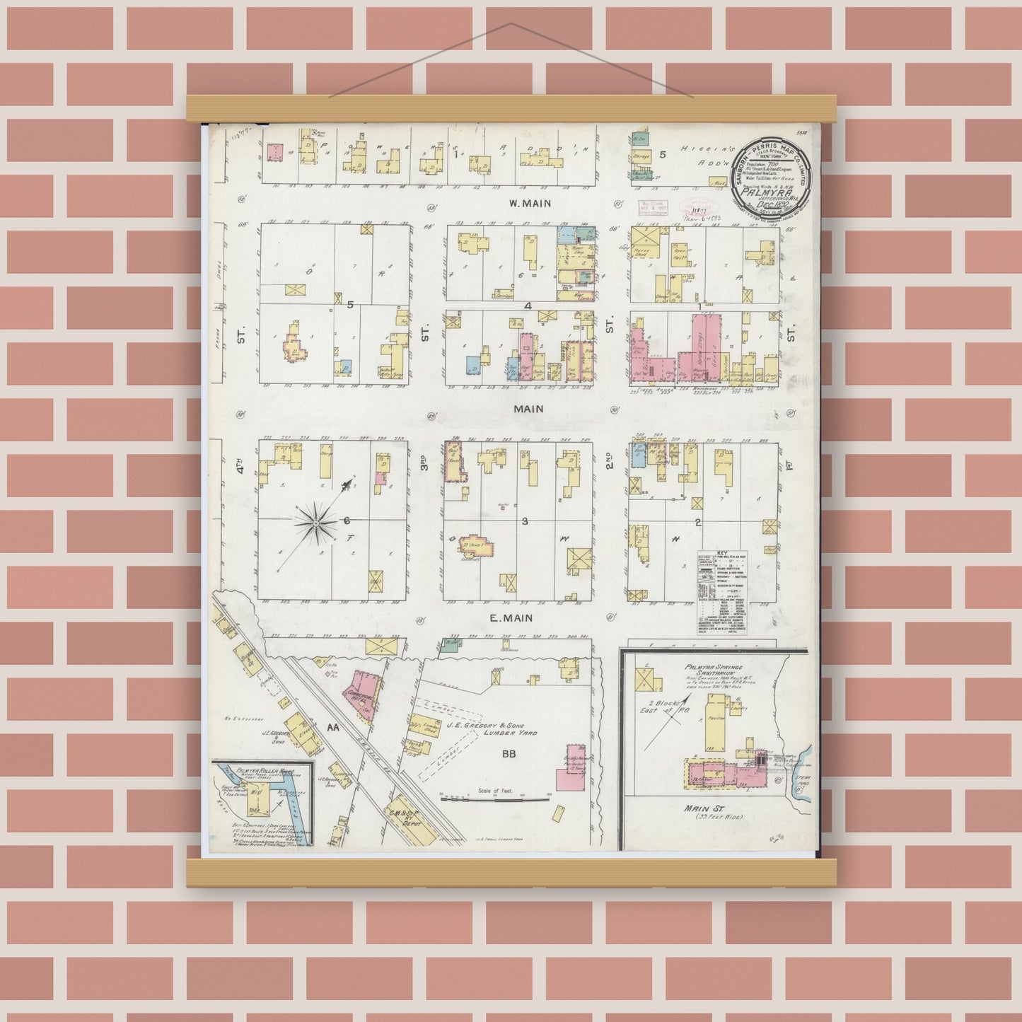 Old map wall art mockup — magnetic wood frame on brick wall — Sanborn Fire Insurance Map from Palmyra, Jefferson County, Wisconsin (1892), Sheet #0001