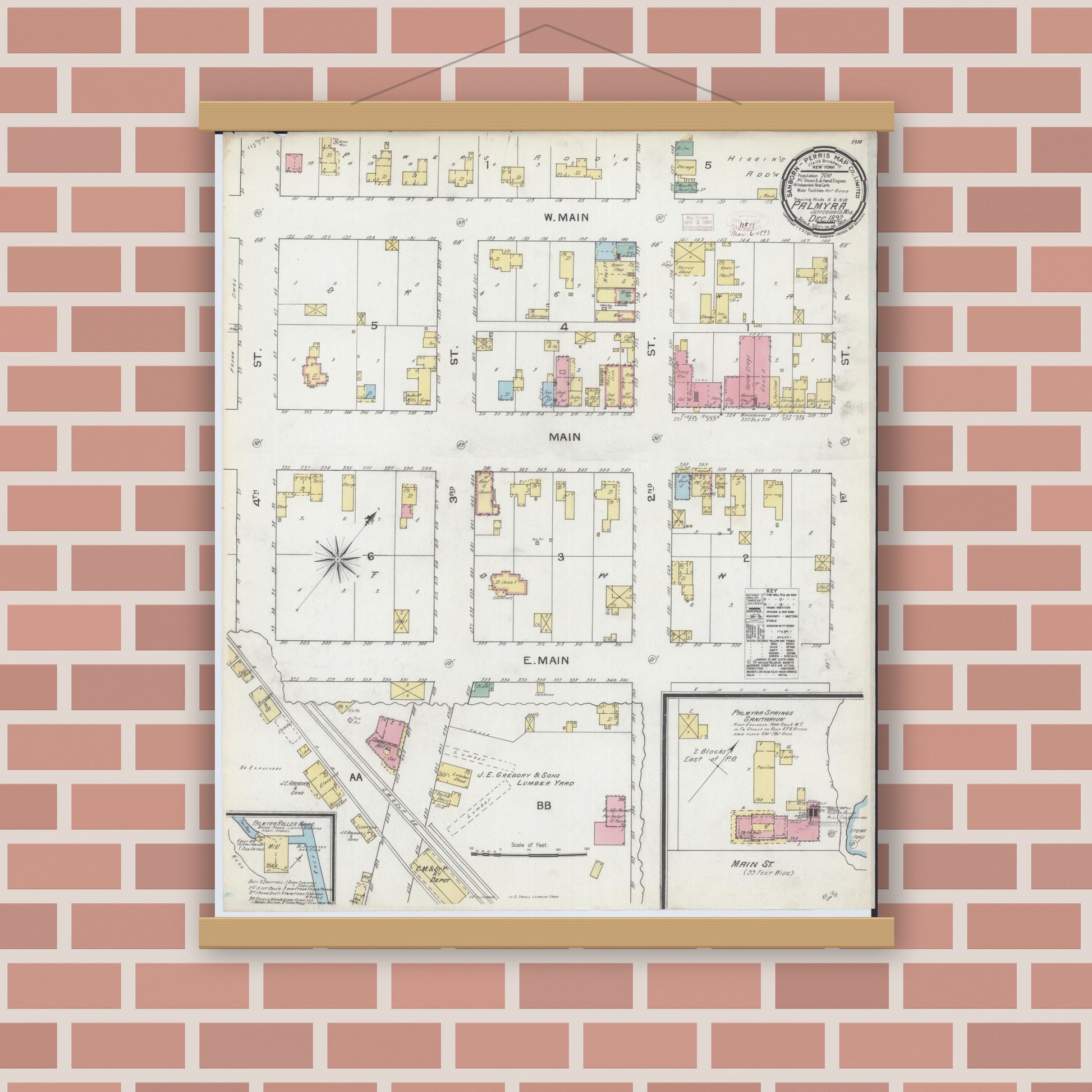 Old map wall art mockup — magnetic wood frame on brick wall — Sanborn Fire Insurance Map from Palmyra, Jefferson County, Wisconsin (1892), Sheet #0001