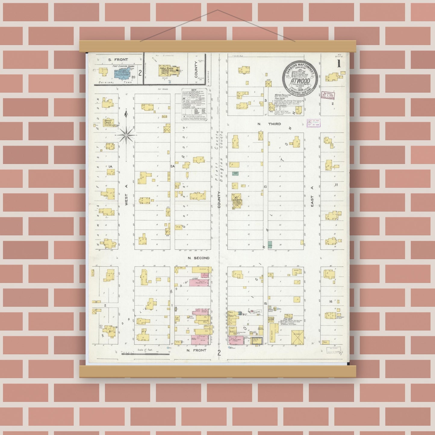 Old map wall art mockup — magnetic wood frame on brick wall — Sanborn Fire Insurance Map from Atwood, Douglas And Piatt Counties, Illinois (1909) - Complete Map Set